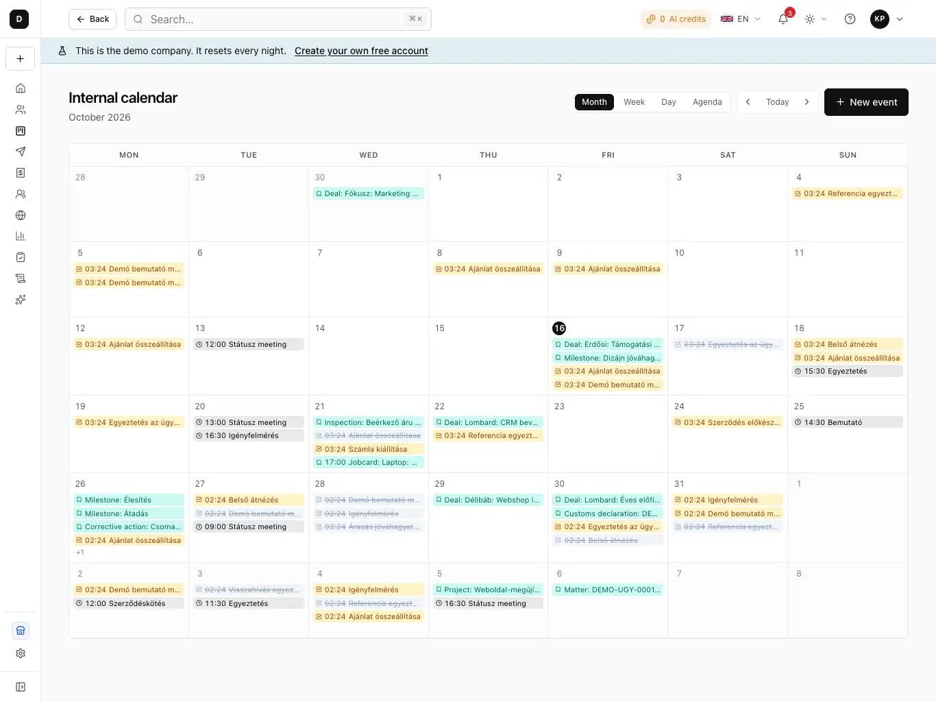 HelloCRM's calendar on a tablet: the week's appointments and tasks in the demo company