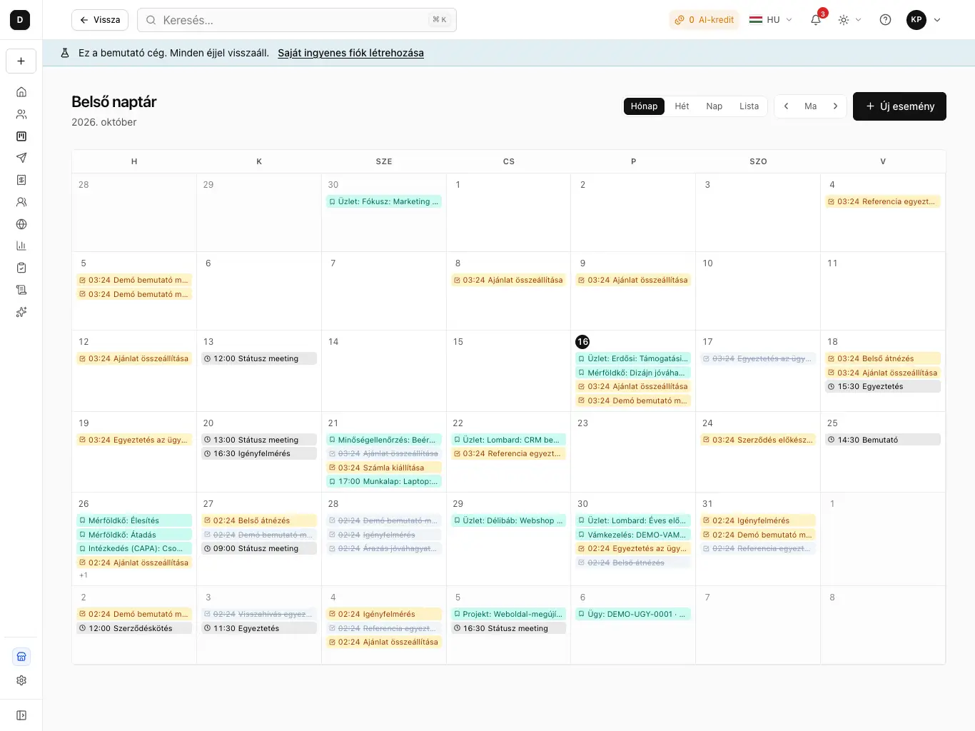 A HelloCRM naptára táblagépen: a hét időpontjai és feladatai a bemutató cégben