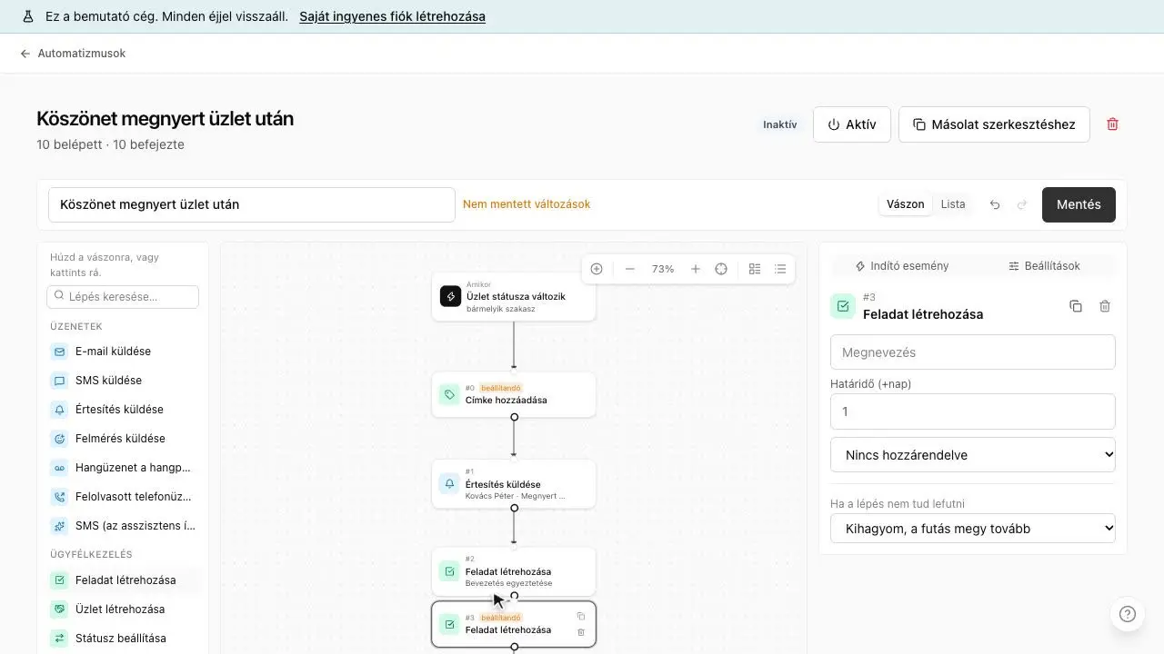 Campaigns and the automation canvas: a screenshot of HelloCRM's demo company (Hungarian interface)
