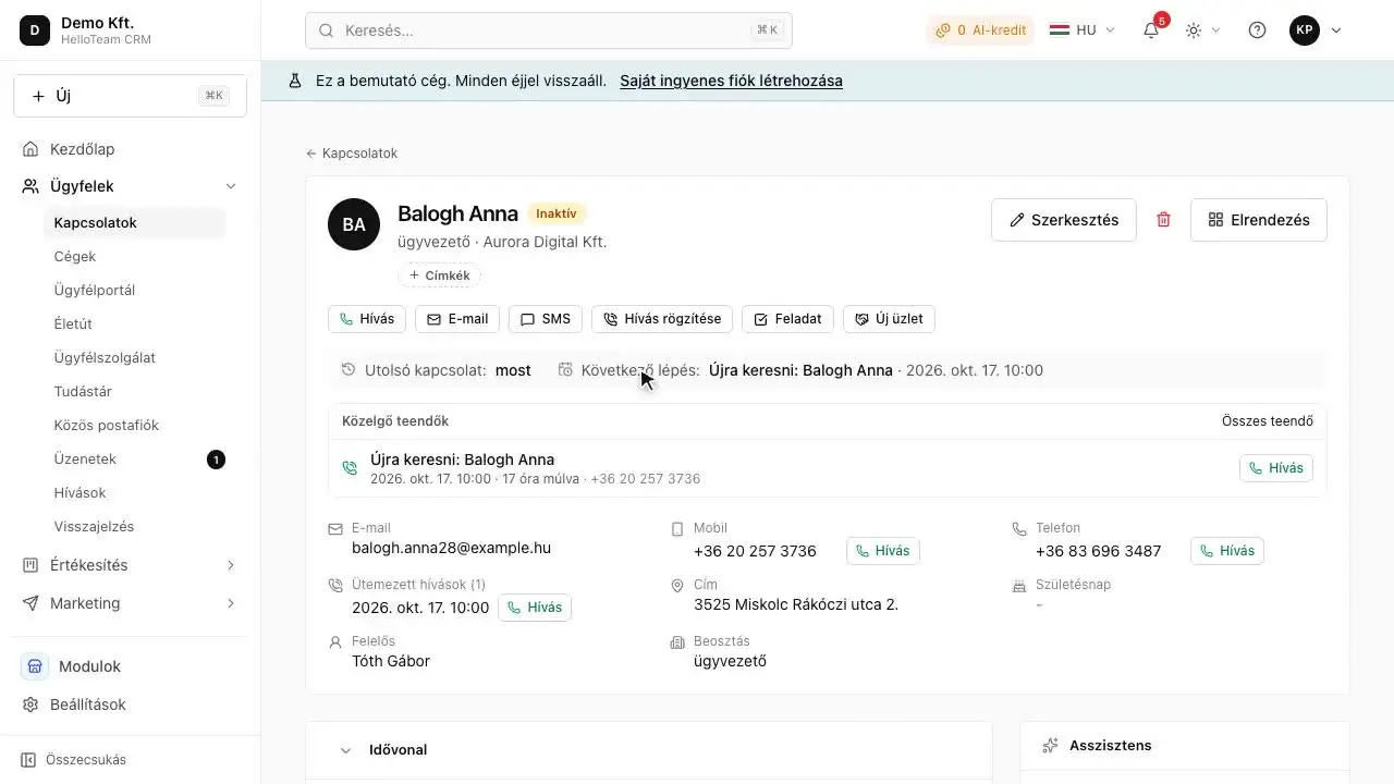 Kapcsolat, hívás, visszahívás: képernyőkép a HelloCRM bemutató cégéből