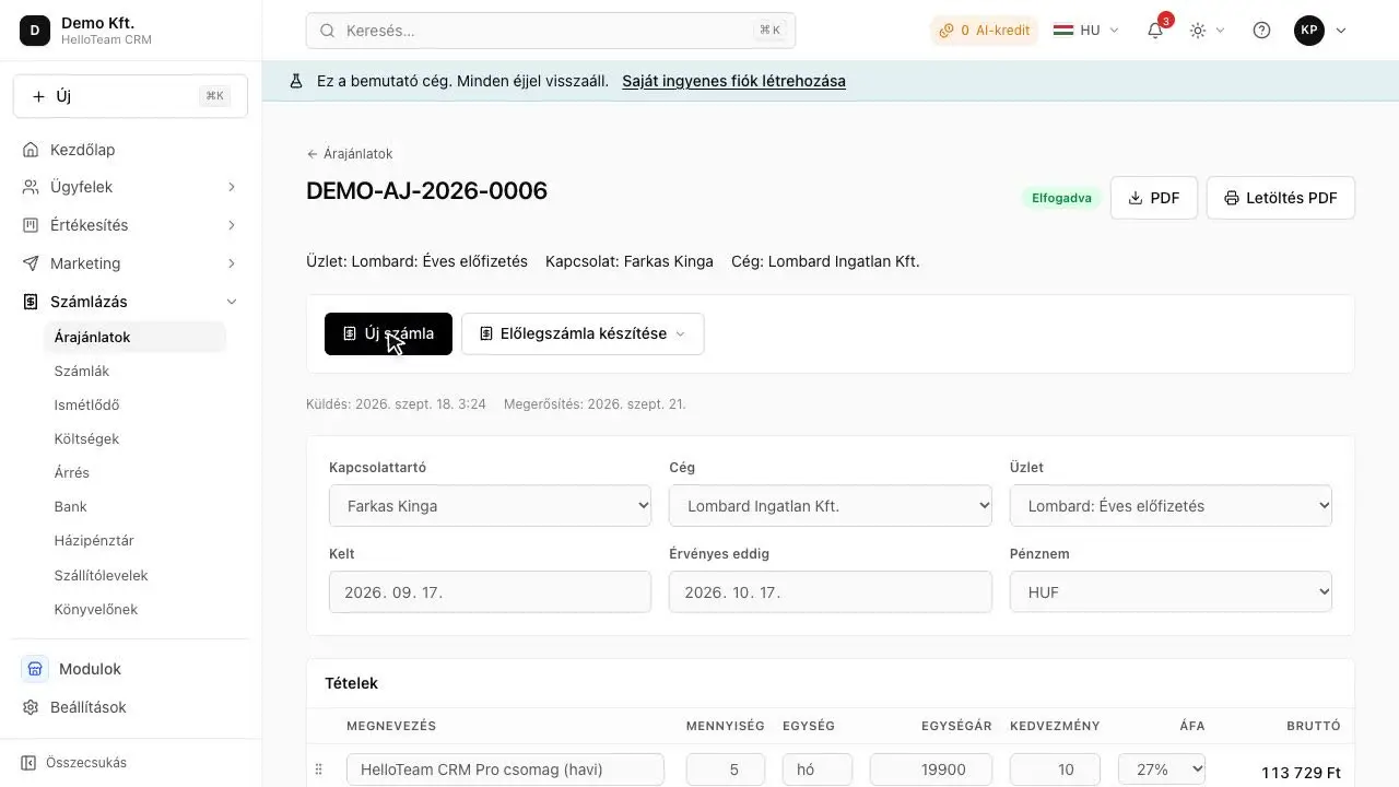 Árajánlatból számla: képernyőkép a HelloCRM bemutató cégéből