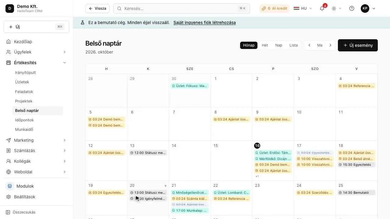 A task from the calendar, with a reminder: a screenshot of HelloCRM's demo company (Hungarian interface)