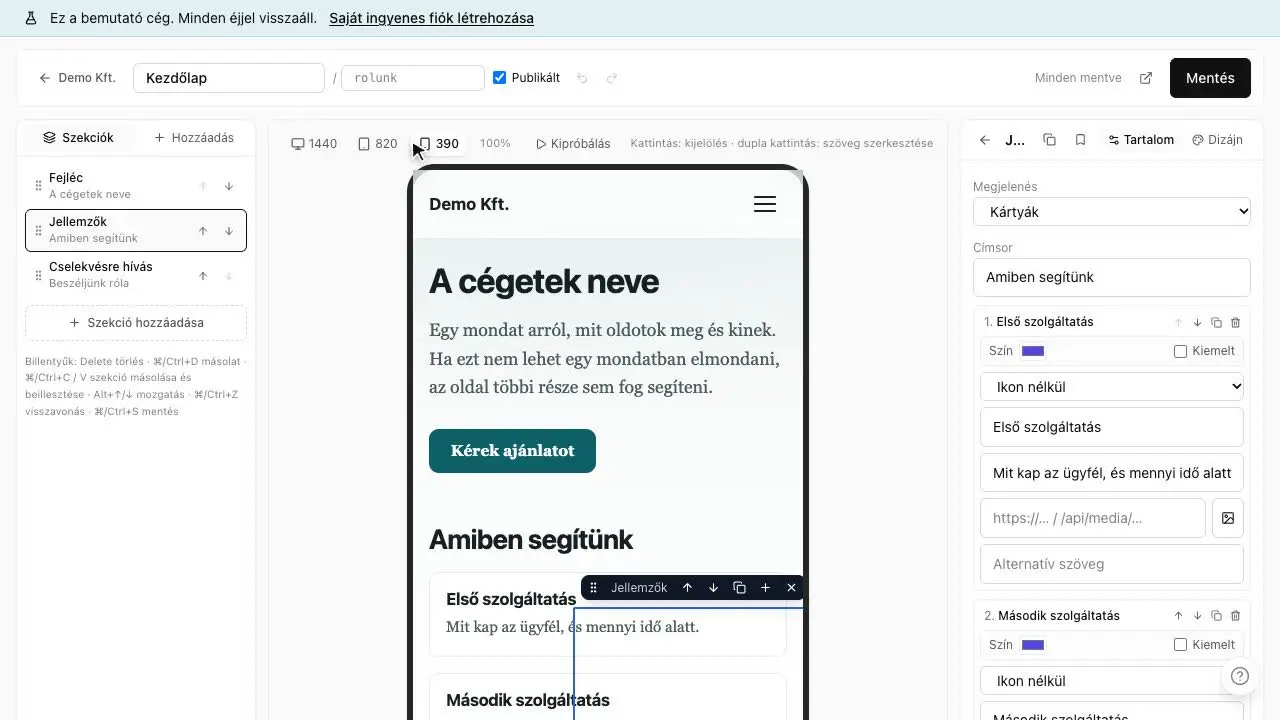 A weboldalszerkesztő vászna: képernyőkép a HelloCRM bemutató cégéből